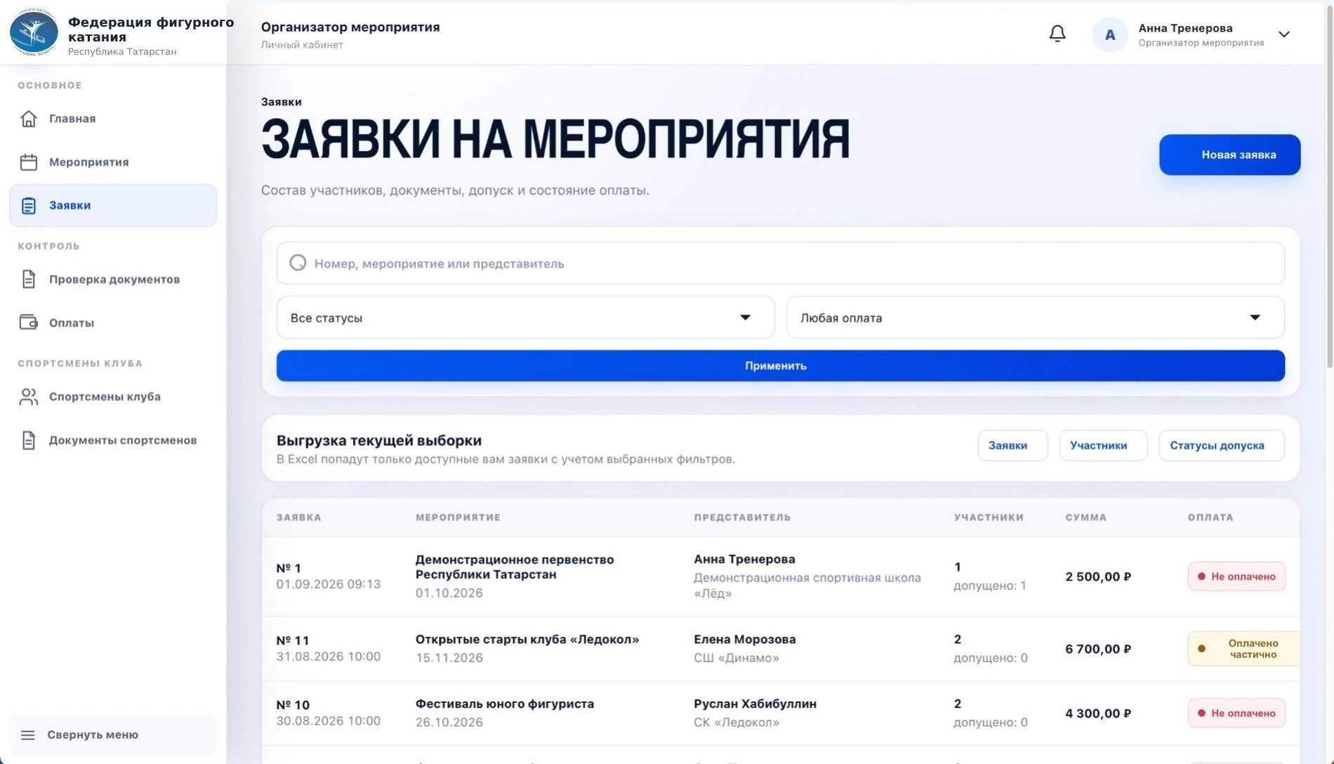Реестр заявок организации: мероприятие, участники и состояние оплаты