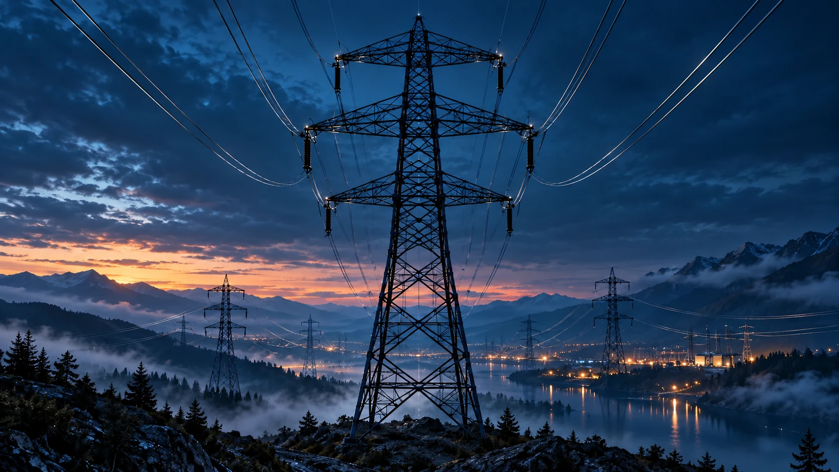 Концептуальная иллюстрация кейса Интерэнерго: энергетическая инфраструктура в вечернем свете