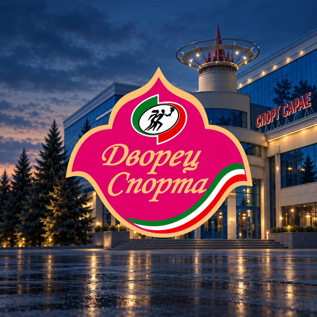 Логотип Дворца спорта на тематическом фоне спортивного комплекса